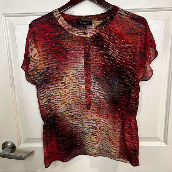 Sanctuary Red Graphic Short Sleeve Blouse with Mandarin Collar - Picture 1 of 4